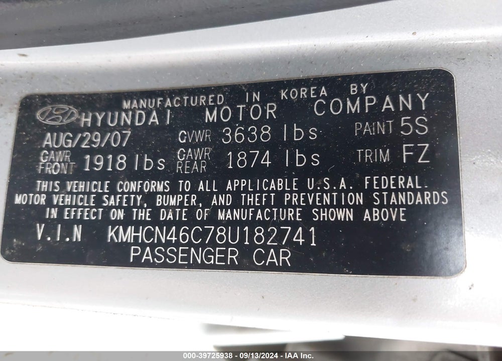 2008 HYUNDAI ACCENT GLS VIN: KMHCN46C78U182741