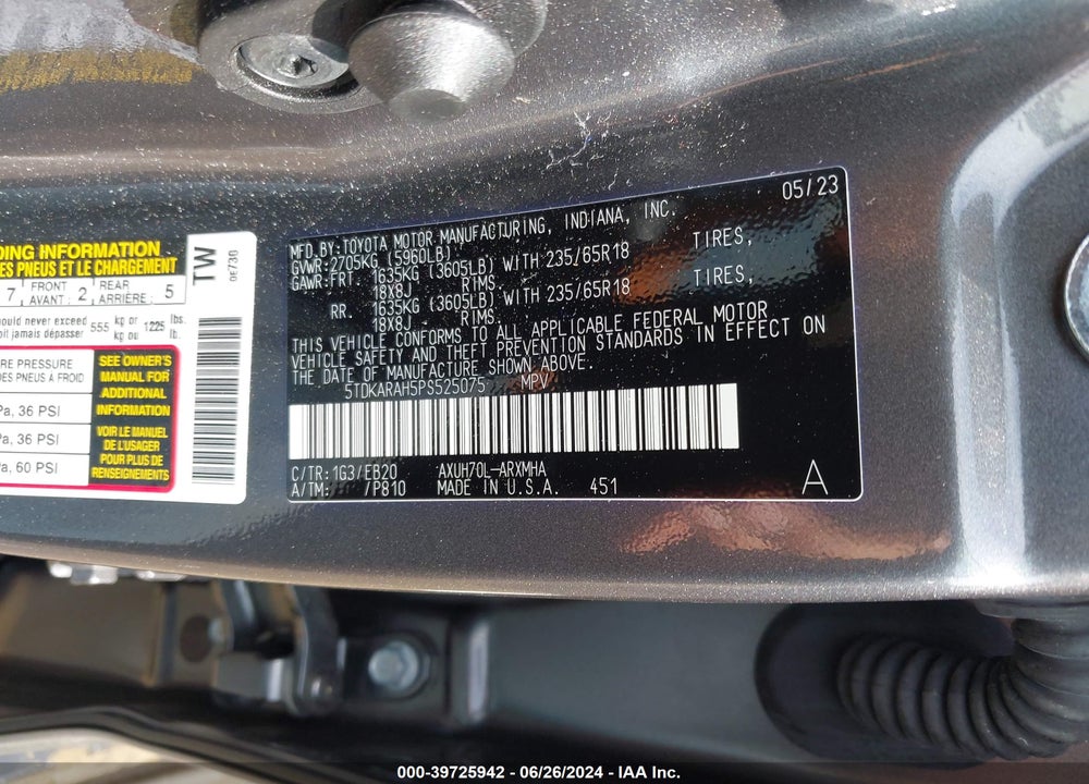 2023 TOYOTA HIGHLANDER HYBRID XLE VIN: 5TDKARAH5PS525075