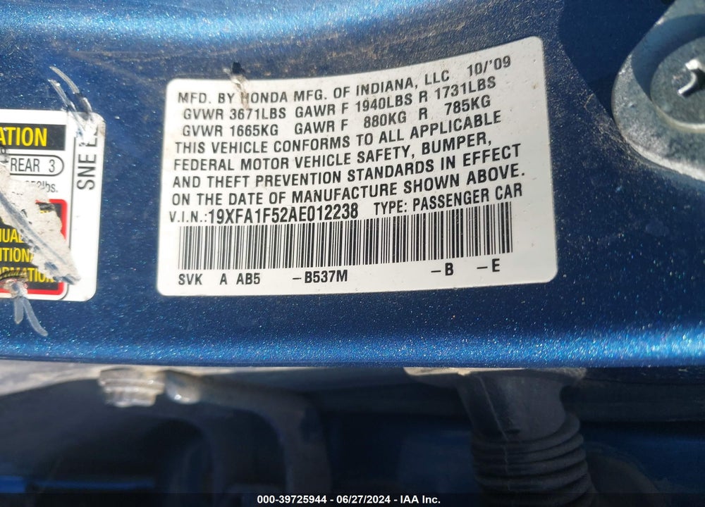 2010 HONDA CIVIC LX VIN: 19XFA1F52AE012238