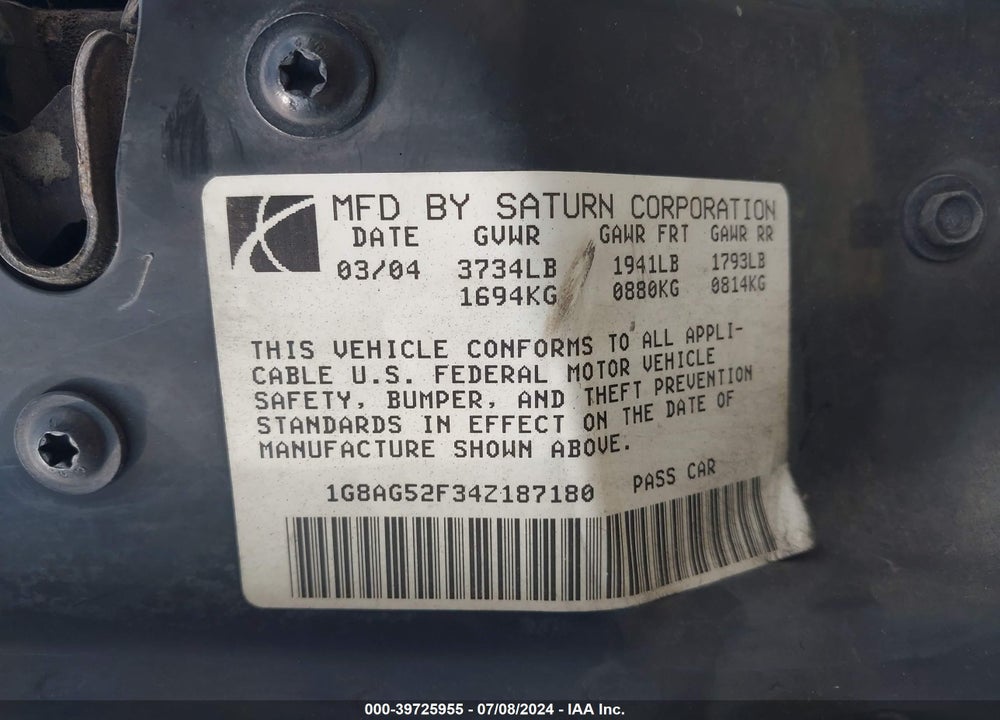 2004 SATURN ION 1 VIN: 1G8AG52F34Z187180