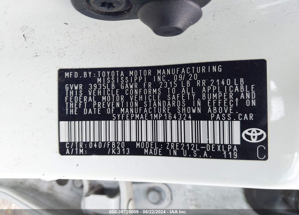 2021 TOYOTA COROLLA LE VIN: 5YFEPMAE1MP164324