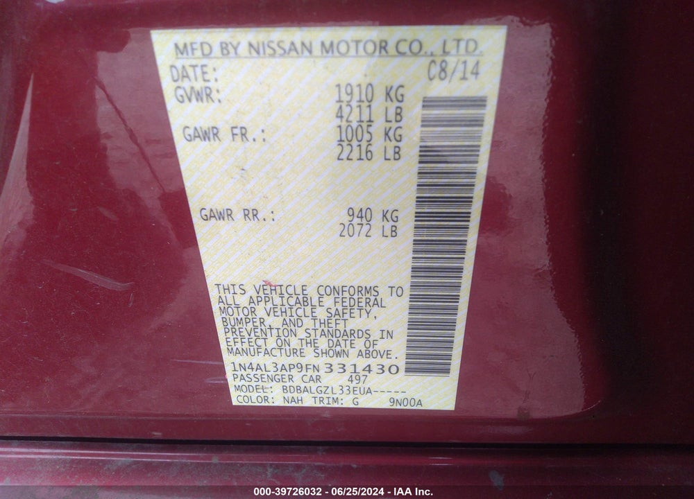 2015 NISSAN ALTIMA 2.5/2.5 S/2.5 SL/2.5 SV VIN: 1N4AL3AP9FN331430