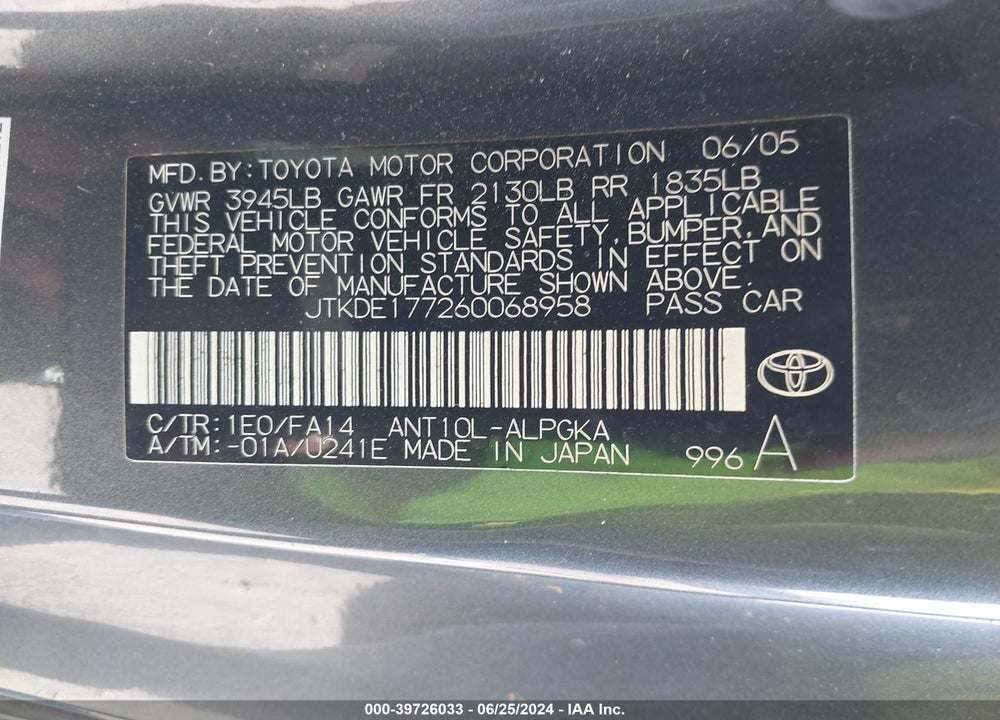 2006 SCION TC VIN: JTKDE177260068958