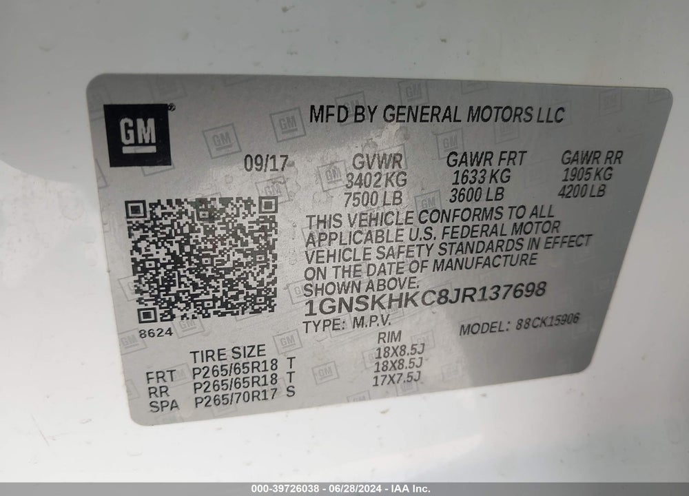 2018 CHEVROLET SUBURBAN LT VIN: 1GNSKHKC8JR137698