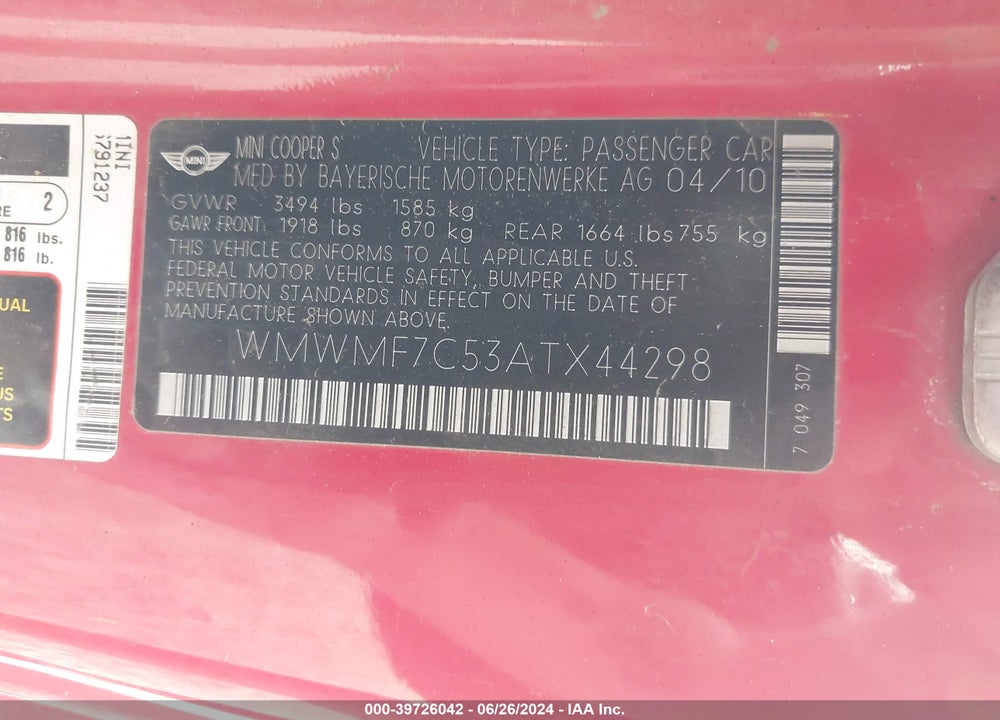 2010 MINI COOPER S VIN: WMWMF7C53ATX44298