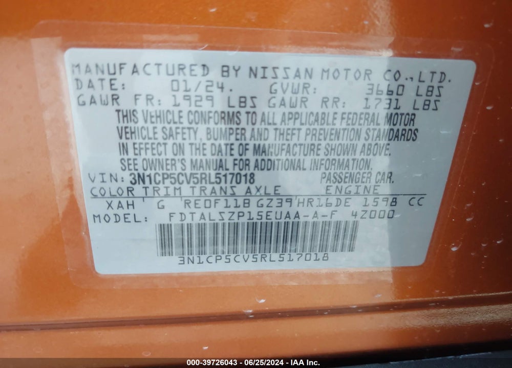 2024 NISSAN KICKS SV XTRONIC CVT VIN: 3N1CP5CV5RL517018