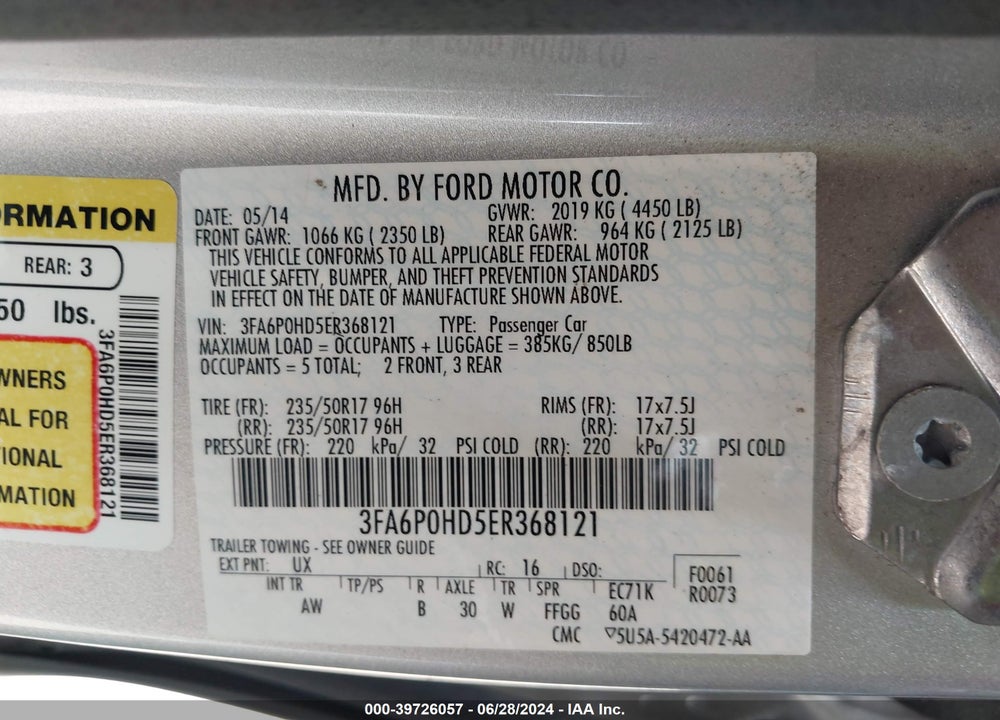2014 FORD FUSION SE VIN: 3FA6P0HD5ER368121
