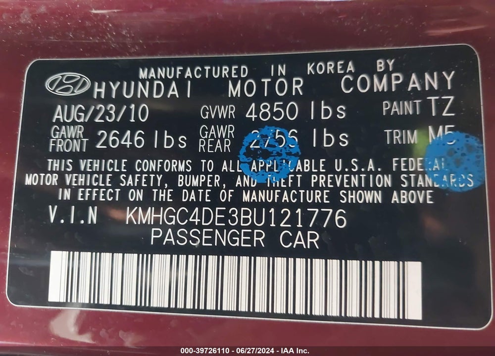 2011 HYUNDAI GENESIS 3.8 VIN: KMHGC4DE3BU121776