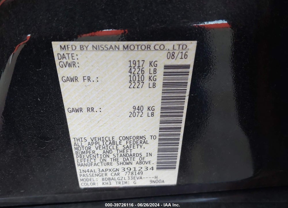2016 NISSAN ALTIMA 2.5 S VIN: 1N4AL3APXGN391234