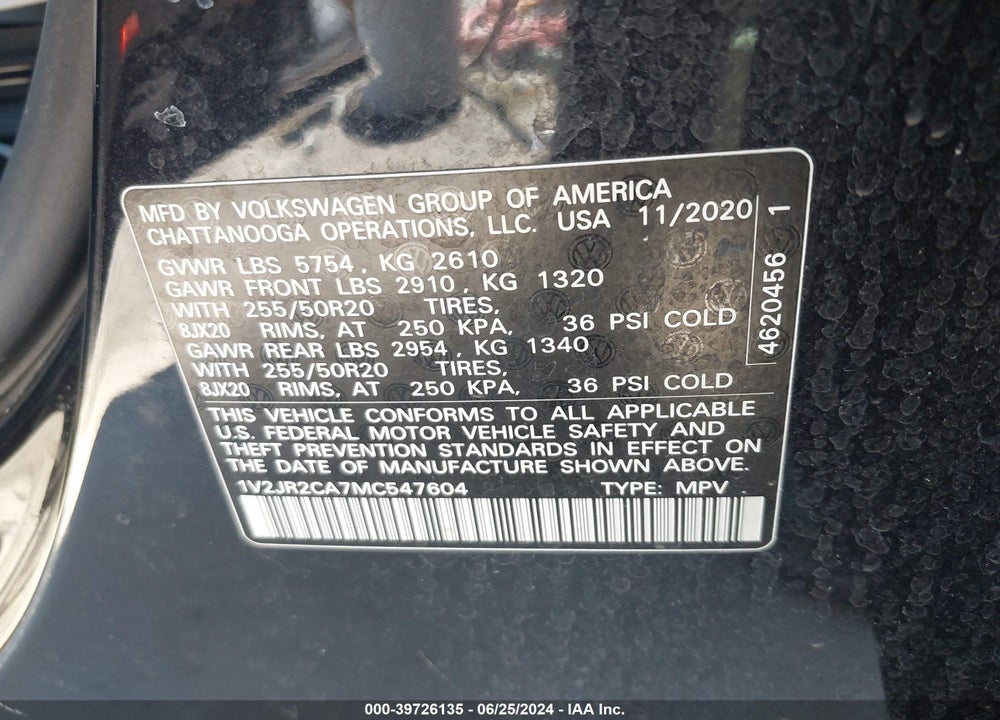 2021 VOLKSWAGEN ATLAS 3.6L V6 SE W/TECHNOLOGY VIN: 1V2JR2CA7MC547604