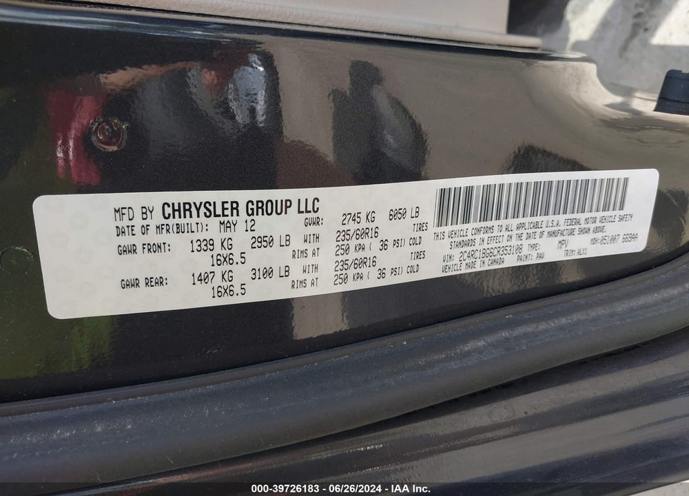 2012 CHRYSLER TOWN & COUNTRY TOURING VIN: 2C4RC1BG6CR353108