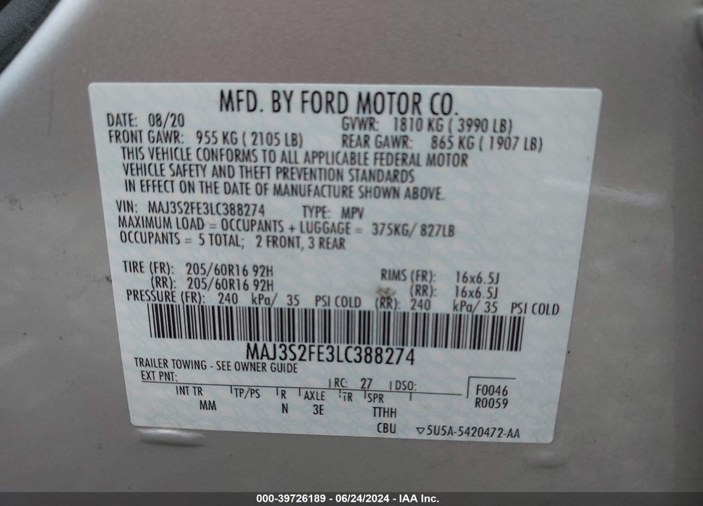 2020 FORD ECOSPORT S VIN: MAJ3S2FE3LC388274