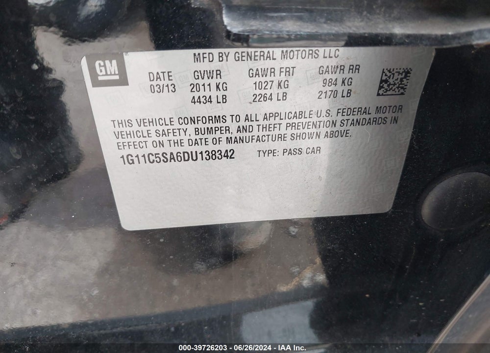 2013 CHEVROLET MALIBU 1LT VIN: 1G11C5SA6DU138342