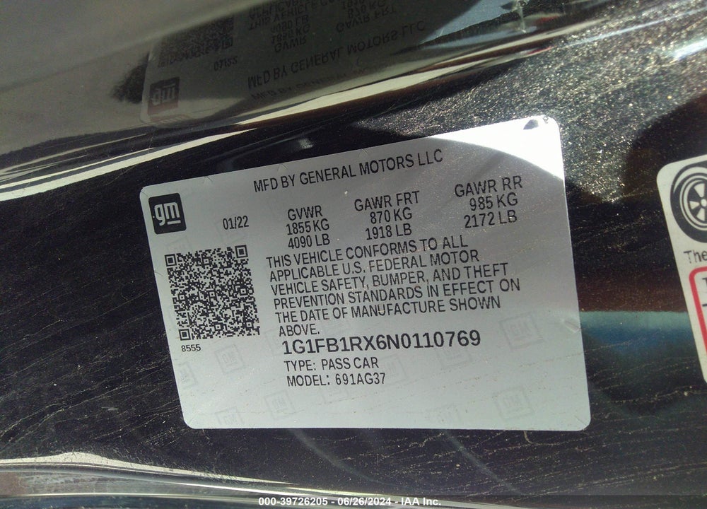 2022 CHEVROLET CAMARO RWD 1LT VIN: 1G1FB1RX6N0110769