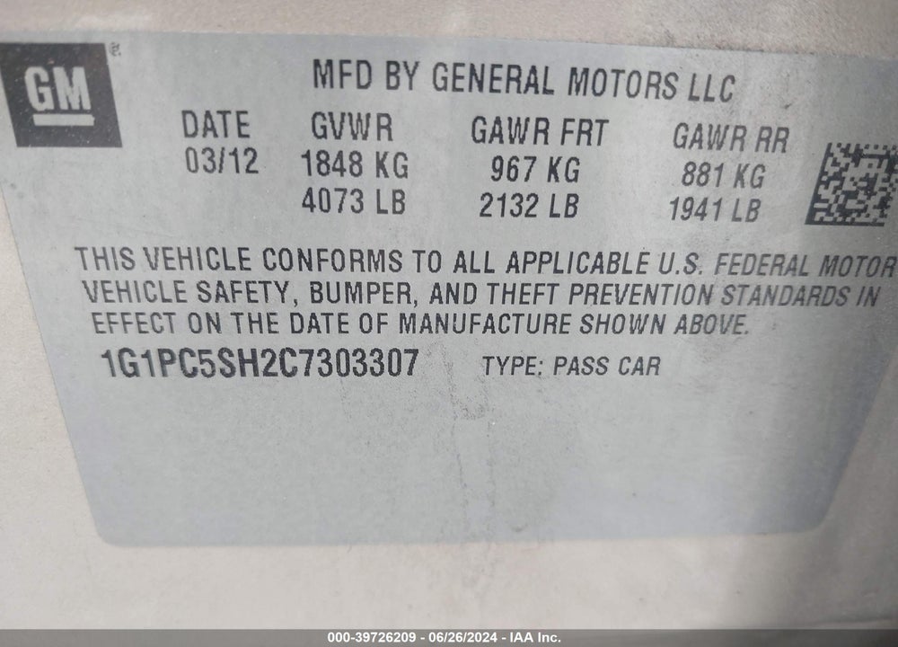 2012 CHEVROLET CRUZE LS VIN: 1G1PC5SH2C7303307
