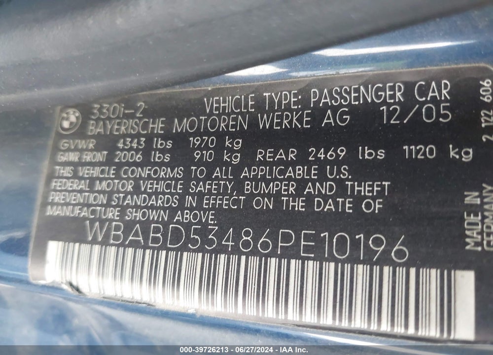 2006 BMW 330CI VIN: WBABD53486PE10196