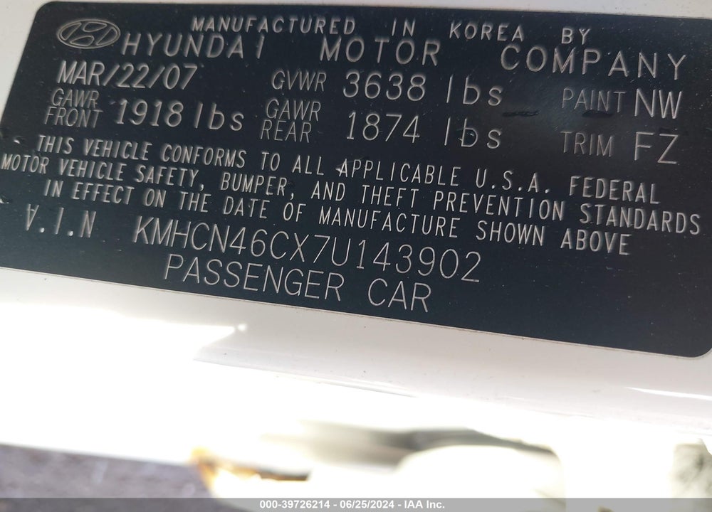 2007 HYUNDAI ACCENT GLS VIN: KMHCN46CX7U143902