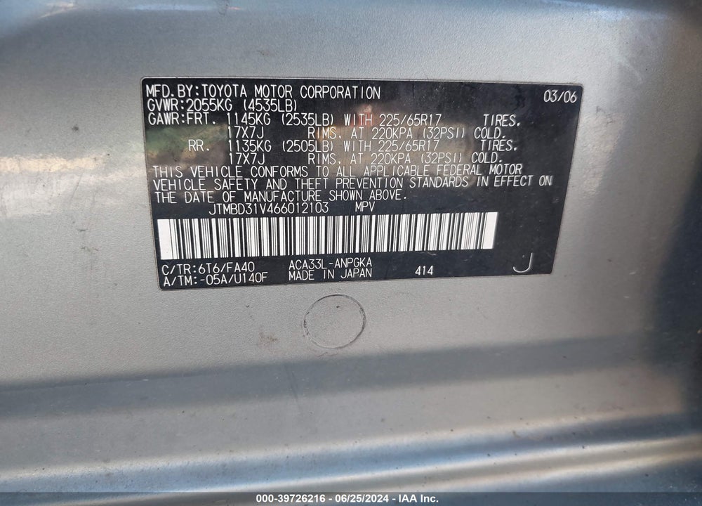 2006 TOYOTA RAV4 LIMITED VIN: JTMBD31V466012103