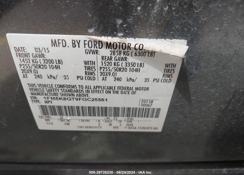 2015 FORD EXPLORER VIN: 1FM5K8GT9FGC25561