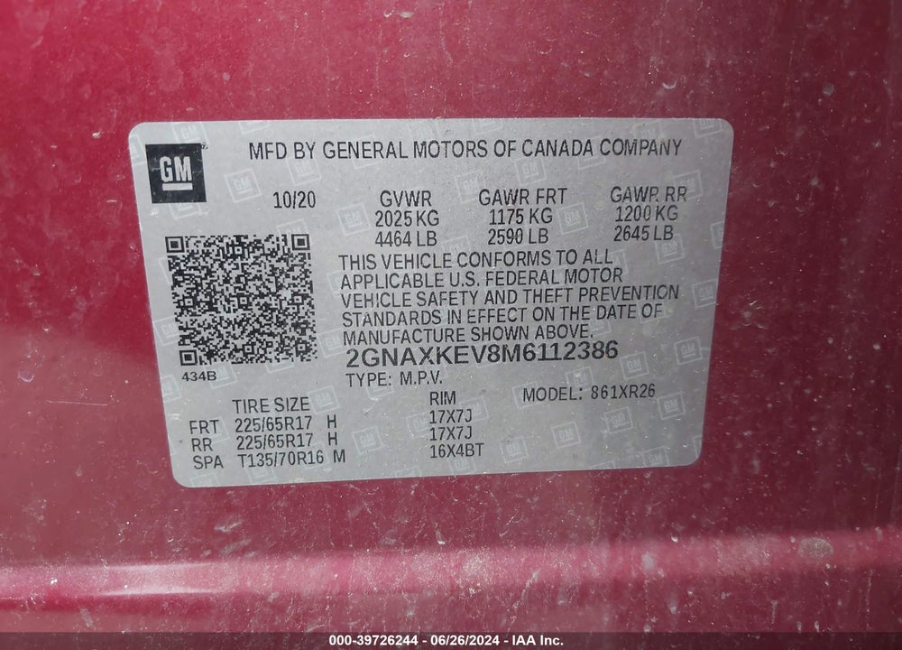 2021 CHEVROLET EQUINOX FWD LT VIN: 2GNAXKEV8M6112386