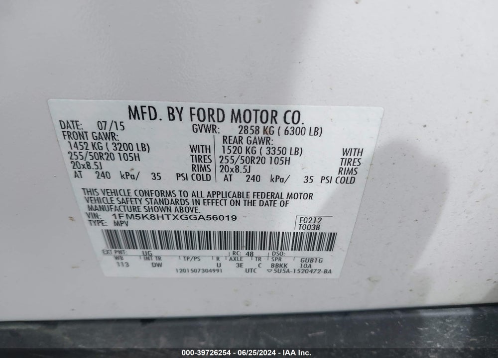 2016 FORD EXPLORER PLATINUM VIN: 1FM5K8HTXGGA56019