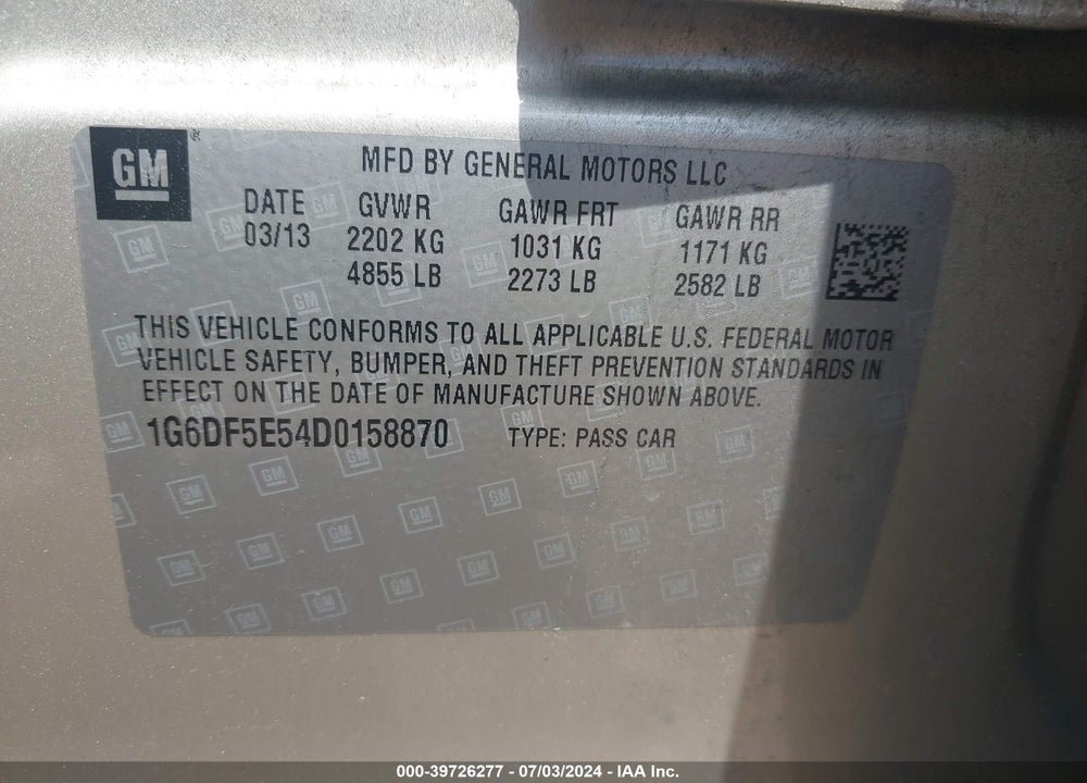 2013 CADILLAC CTS LUXURY VIN: 1G6DF5E54D0158870