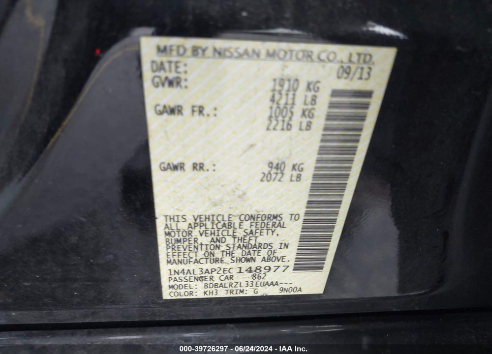 2014 NISSAN ALTIMA 2.5 S VIN: 1N4AL3AP2EC148977