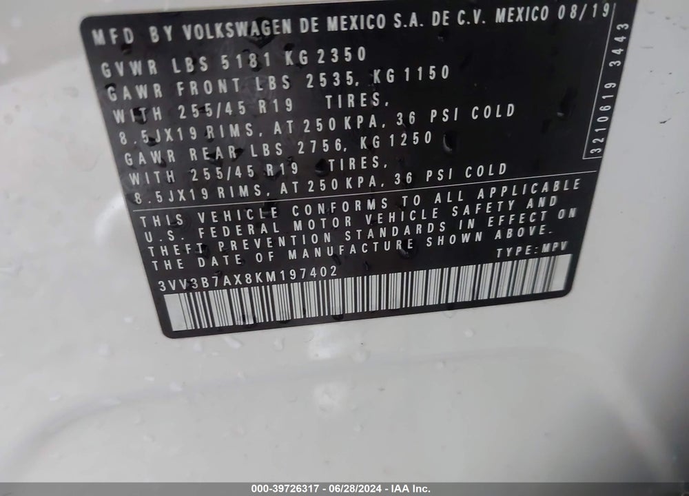 2019 VOLKSWAGEN TIGUAN 2.0T SE/2.0T SEL/2.0T SEL R-LINE/2.0T SEL R-LINE BLACK VIN: 3VV3B7AX8KM197402