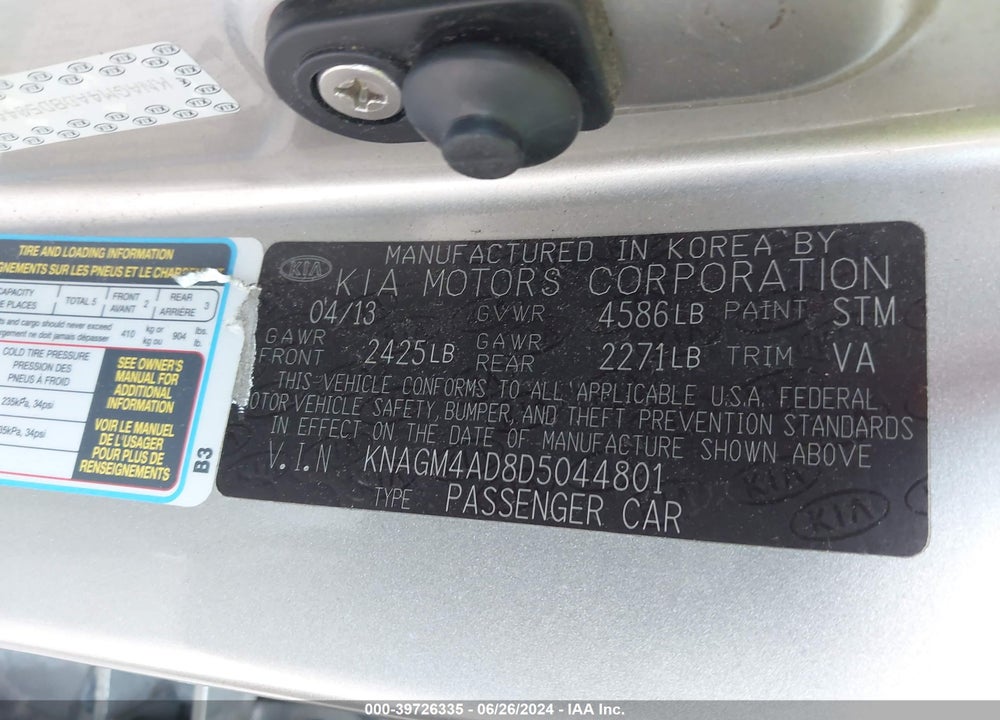 2013 KIA OPTIMA HYBRID LX VIN: KNAGM4AD8D5044801