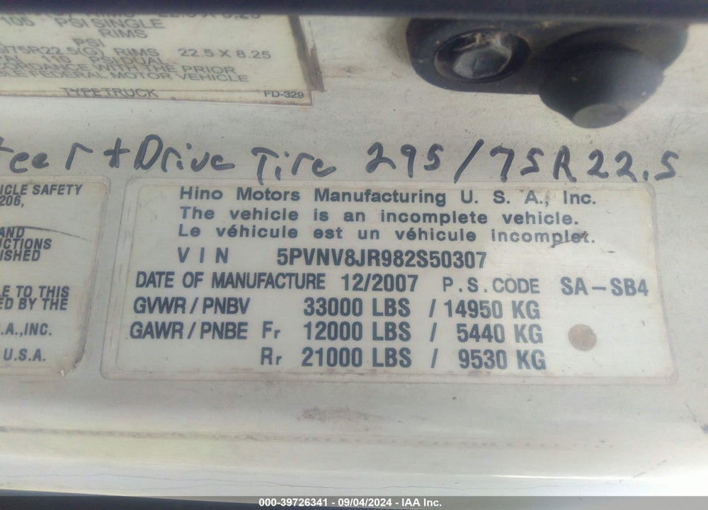 2008 HINO HINO 338 VIN: 5PVNV8JR982S50307
