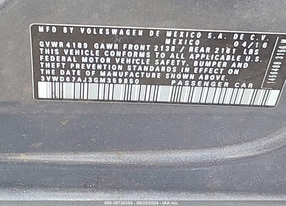 2016 VOLKSWAGEN JETTA 1.4T SE VIN: 3VWD67AJ3GM359850