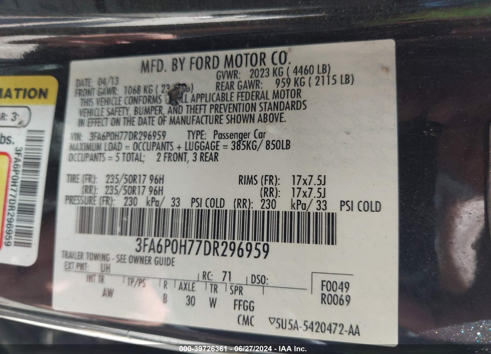 2013 FORD FUSION SE VIN: 3FA6P0H77DR296959