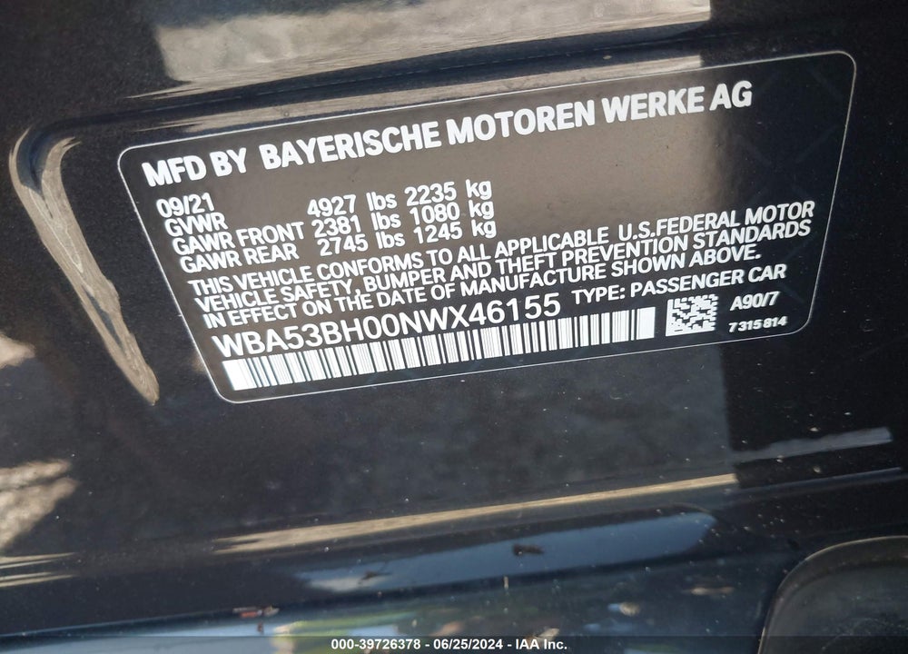 2022 BMW 530 I VIN: WBA53BH00NWX46155