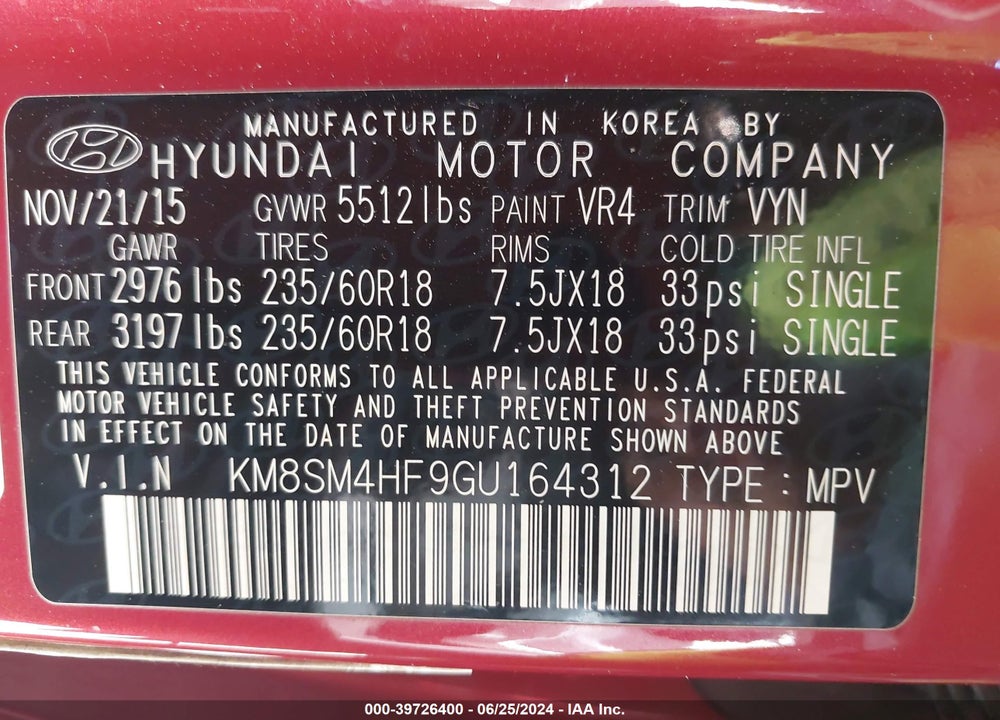2016 HYUNDAI SANTA FE SE VIN: KM8SM4HF9GU164312