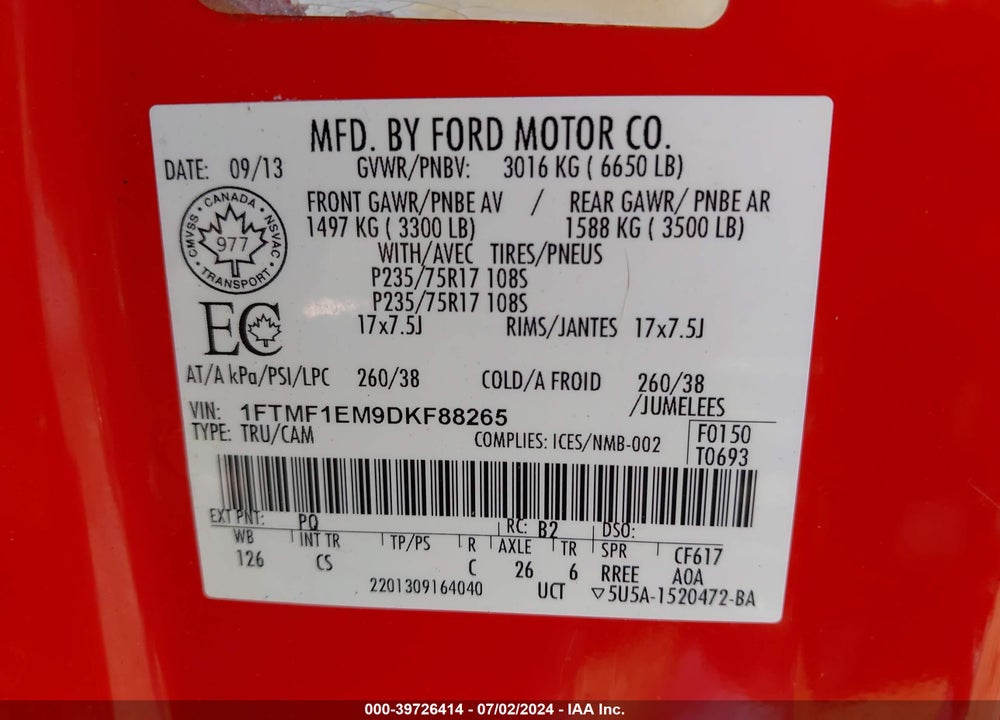 2013 FORD F-150 STX VIN: 1FTMF1EM9DKF88265