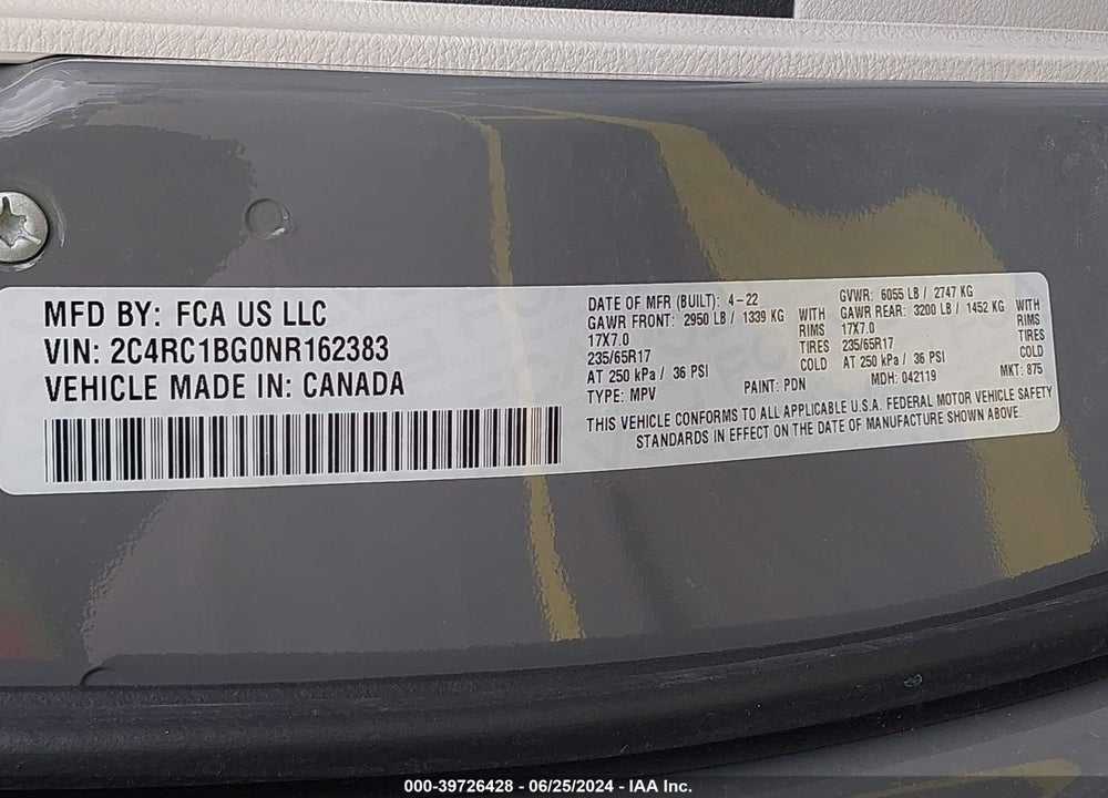 2022 CHRYSLER PACIFICA TOURING L VIN: 2C4RC1BG0NR162383