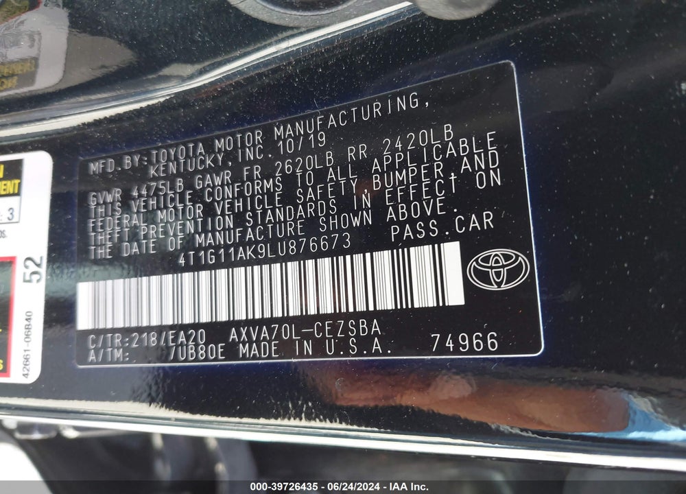 2020 TOYOTA CAMRY SE VIN: 4T1G11AK9LU876673