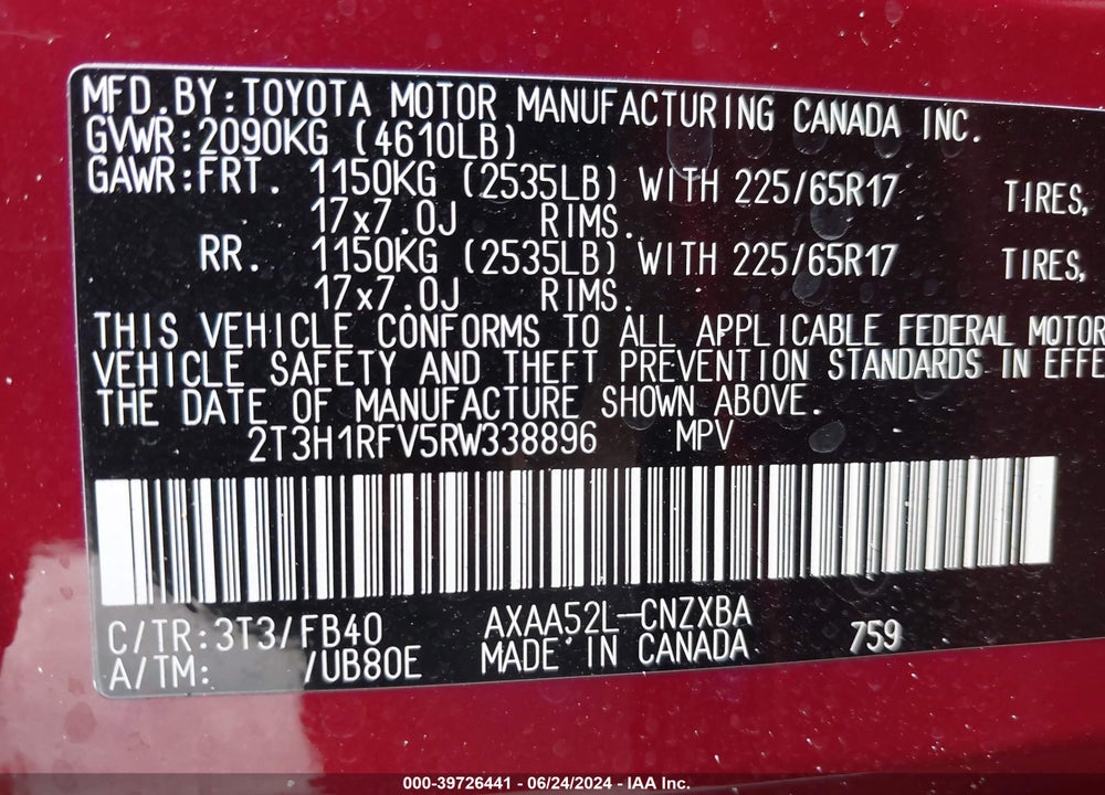 2024 TOYOTA RAV4 LE VIN: 2T3H1RFV5RW338896