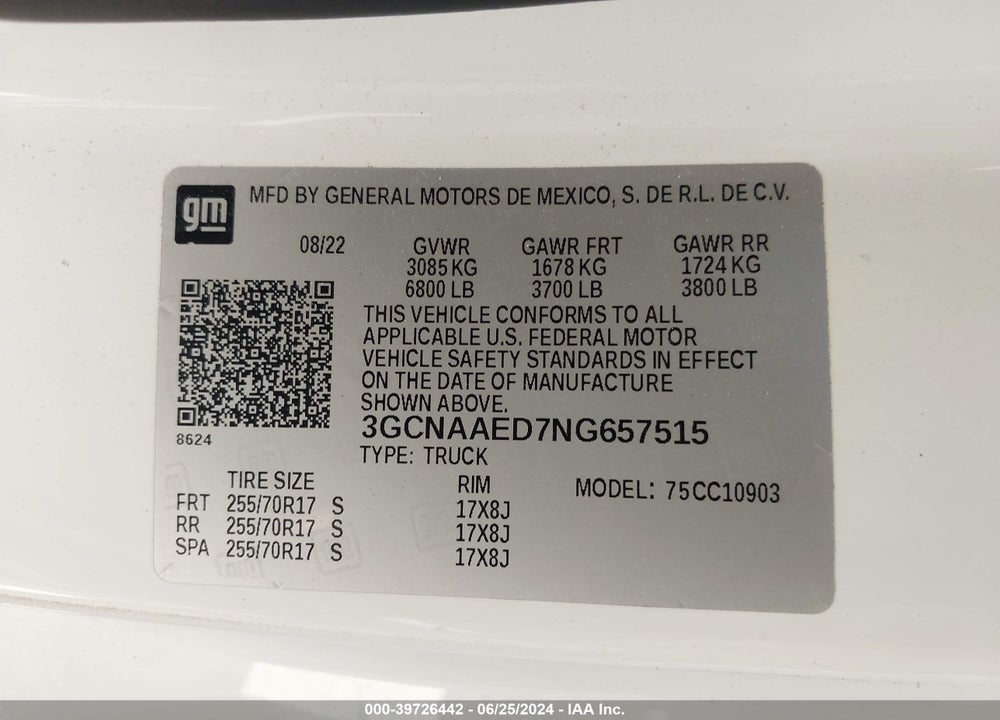 2022 CHEVROLET SILVERADO 1500 2WD REGULAR CAB LONG BED WT VIN: 3GCNAAED7NG657515
