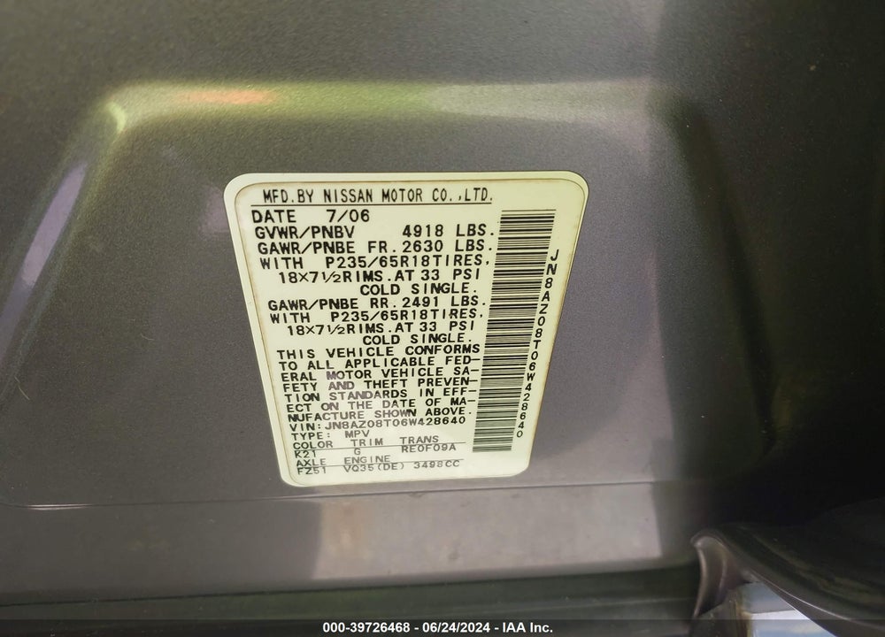 2006 NISSAN MURANO SL VIN: JN8AZ08T06W428640