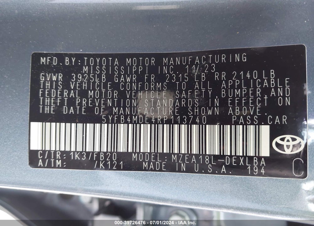 2024 TOYOTA COROLLA LE VIN: 5YFB4MDE4RP113740