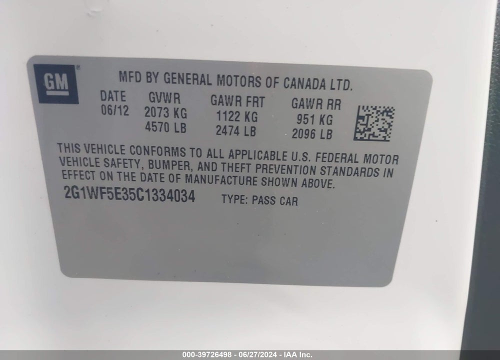 2012 CHEVROLET IMPALA LS VIN: 2G1WF5E35C1334034