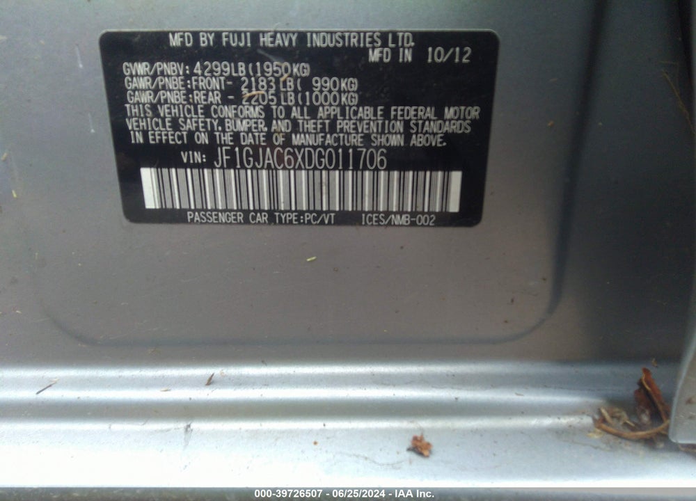 2013 SUBARU IMPREZA 2.0I PREMIUM VIN: JF1GJAC6XDG011706