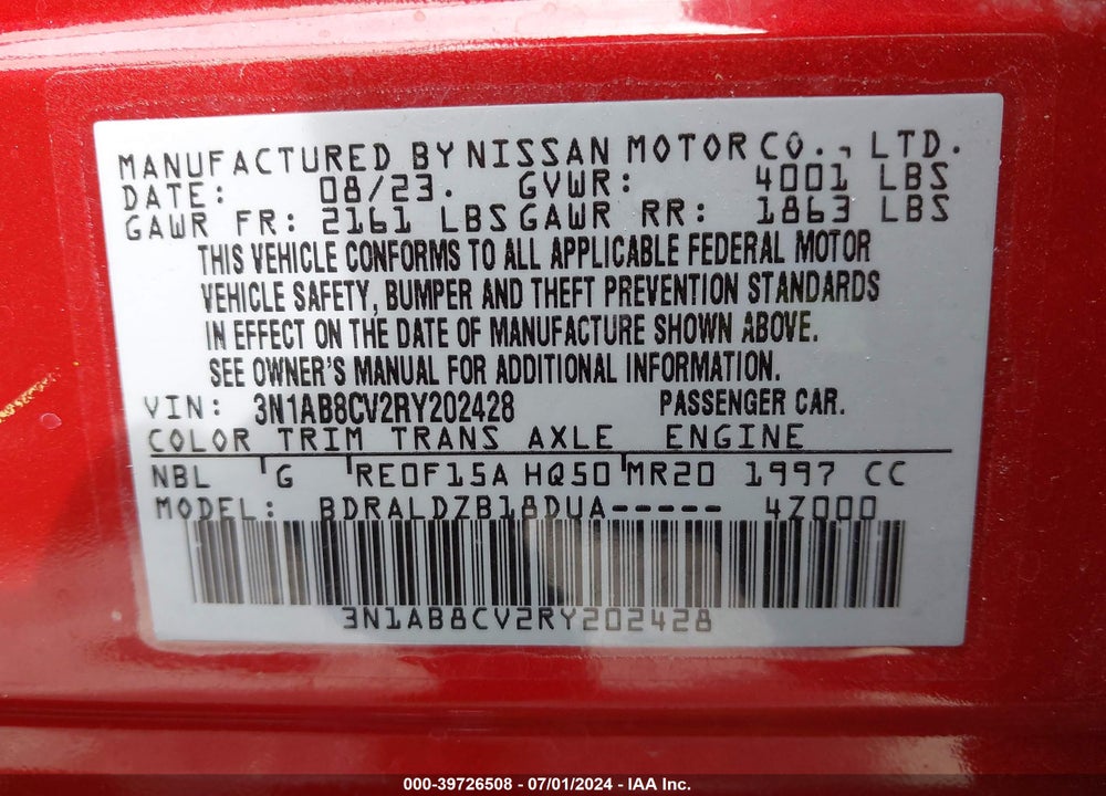 2024 NISSAN SENTRA SV XTRONIC CVT VIN: 3N1AB8CV2RY202428