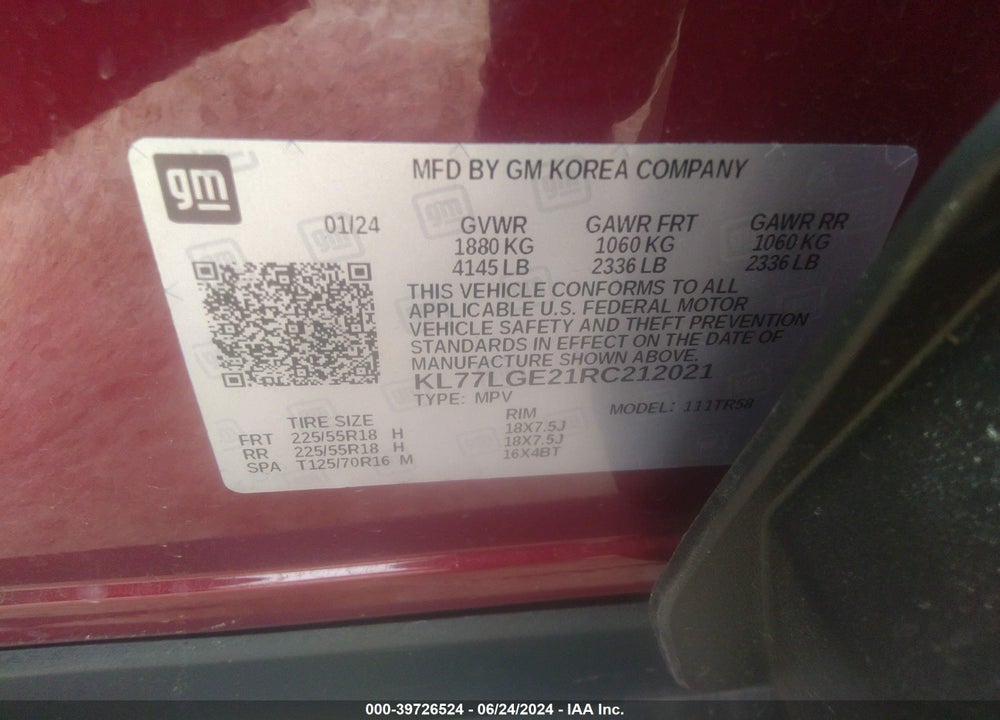 2024 CHEVROLET TRAX FWD 1RS VIN: KL77LGE21RC212021