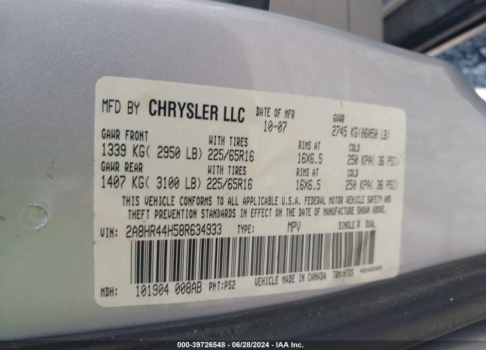 2008 CHRYSLER TOWN & COUNTRY LX VIN: 2A8HR44H58R634933
