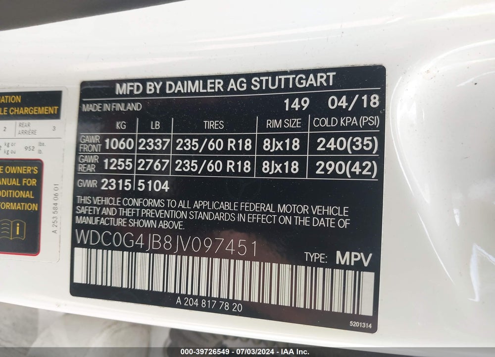 2018 MERCEDES-BENZ GLC 300 VIN: WDC0G4JB8JV097451