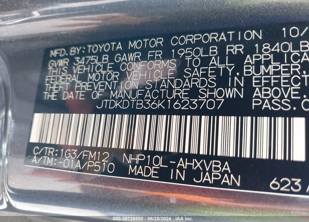 2019 TOYOTA PRIUS C L VIN: JTDKDTB36K1623707