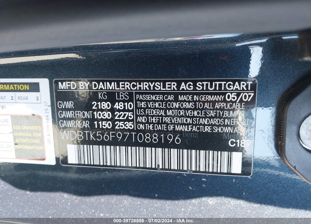 2007 MERCEDES-BENZ CLK 350 VIN: WDBTK56F97T088196