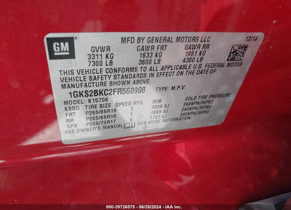 2015 GMC YUKON SLT VIN: 1GKS2BKC2FR560908